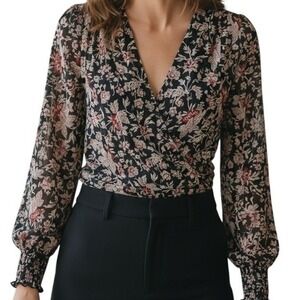 EXPRESS Pleated V-Neck L/S Black Semi‎ Sheer Floral Bodysuit EUC Size XS